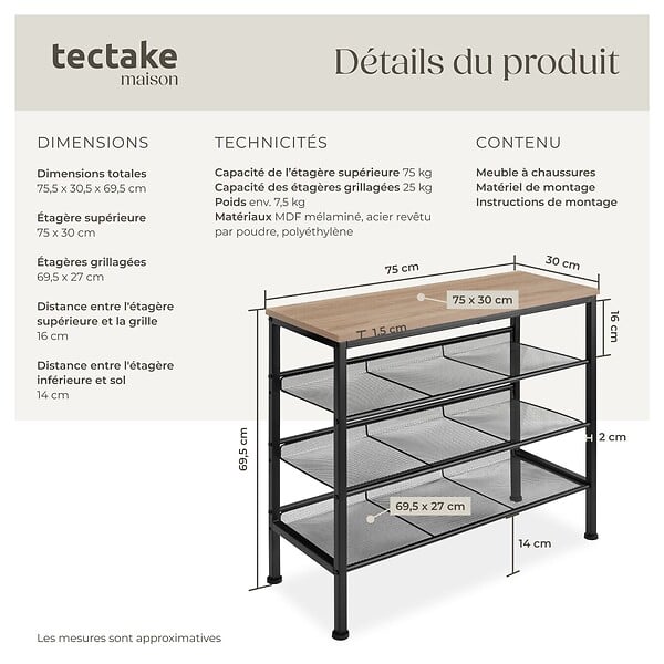 TECTAKE - Étagère à chaussures WOLVERHAMPTON 75,5x30,5x69,5cm Bois clair industriel, Chêne Sonoma - large