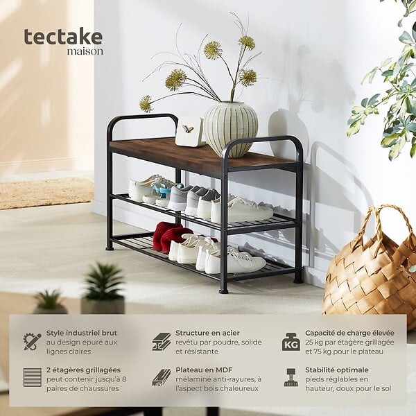 TECTAKE - Étagère à chaussures SOUTHAMPTON 91x36x55cm Bois foncé industriel, rustique - large