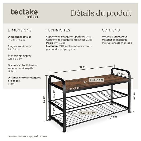TECTAKE - Étagère à chaussures SOUTHAMPTON 91x36x55cm Bois foncé industriel, rustique - large
