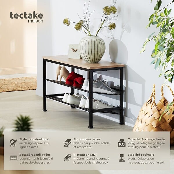 TECTAKE - Étagère à chaussures DERRY 75,5x30,5x45,5cm Bois clair industriel, Chêne Sonoma - large