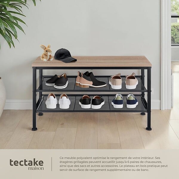 TECTAKE - Étagère à chaussures DERRY 75,5x30,5x45,5cm Bois clair industriel, Chêne Sonoma - large