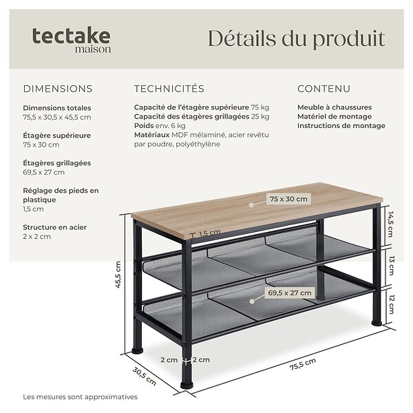 TECTAKE - Étagère à chaussures DERRY 75,5x30,5x45,5cm Bois clair industriel, Chêne Sonoma - large