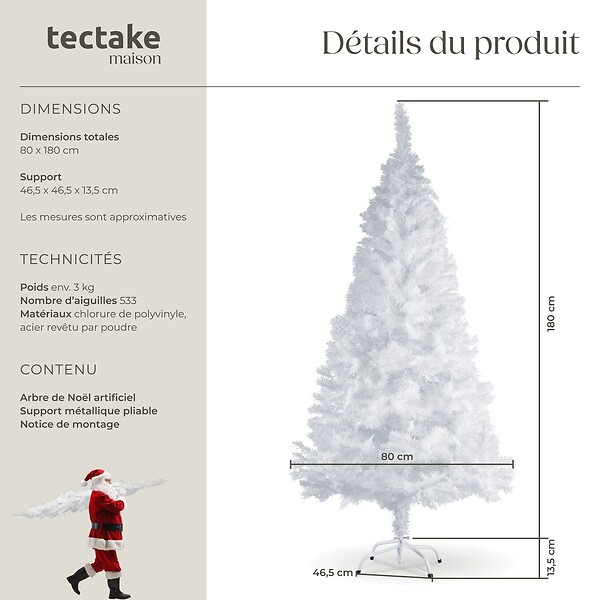 TECTAKE - Sapin de Noël artificiel avec support métallique blanc blanc - large