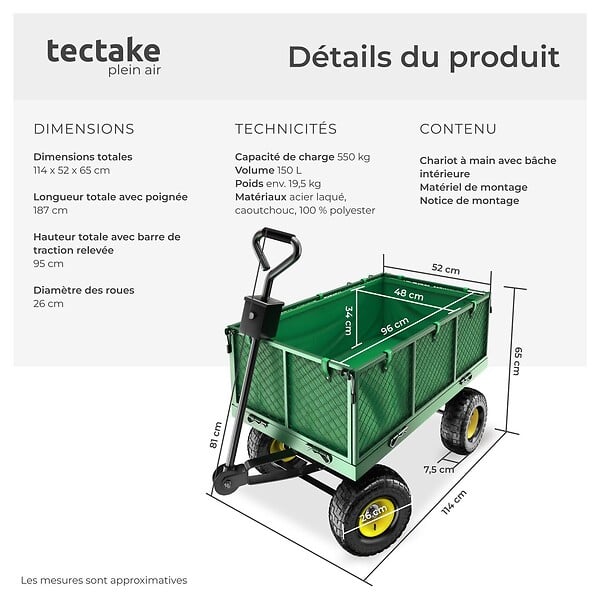 TECTAKE - Chariot de jardin 550 kg vert - large