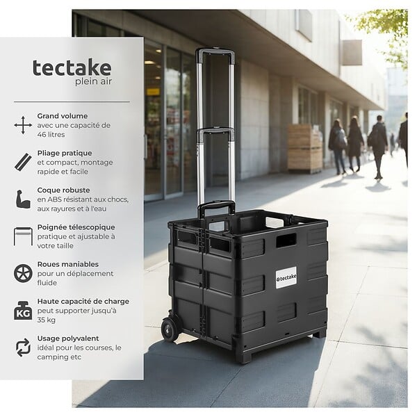 TECTAKE - Chariot de Courses à Roulettes Pliable 45 cm x 37,5cm x 45-97 cm noir - large