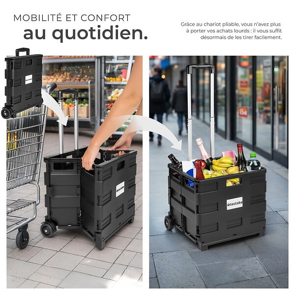 TECTAKE - Chariot de Courses à Roulettes Pliable 45 cm x 37,5cm x 45-97 cm noir - large