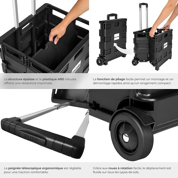 TECTAKE - Chariot de Courses à Roulettes Pliable 45 cm x 37,5cm x 45-97 cm noir - large