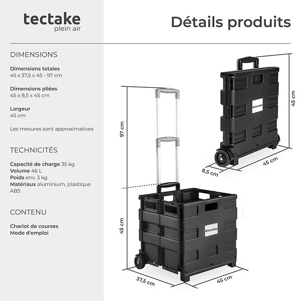 TECTAKE - Chariot de Courses à Roulettes Pliable 45 cm x 37,5cm x 45-97 cm noir - large
