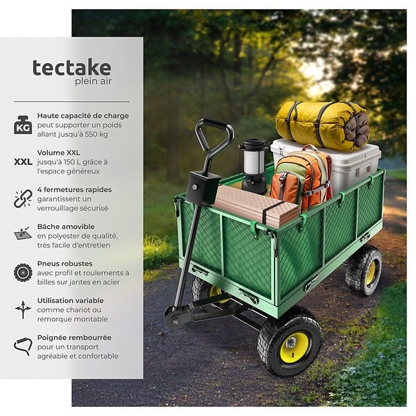 TECTAKE - Chariot de jardin 550 kg avec plateau vert - large