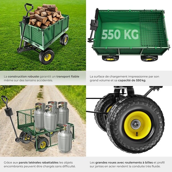 TECTAKE - Chariot de jardin 550 kg avec plateau vert - large