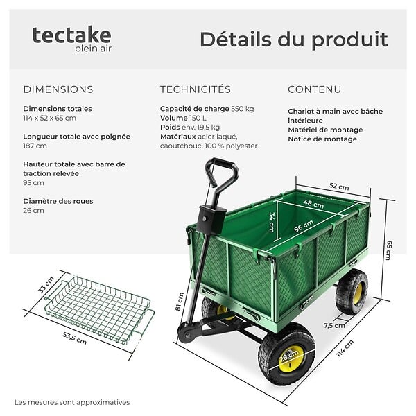 TECTAKE - Chariot de jardin 550 kg avec plateau vert - large