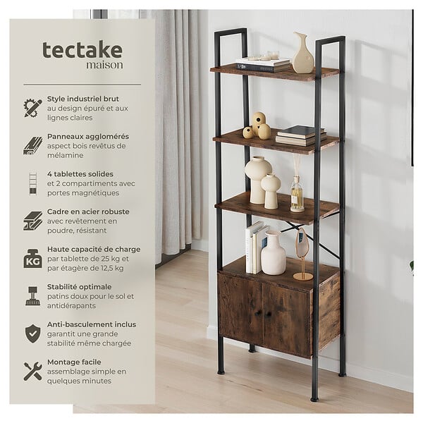 TECTAKE - Etagère échelle Brentwood 57,5x34x173cm Bois foncé industriel, rustique - large