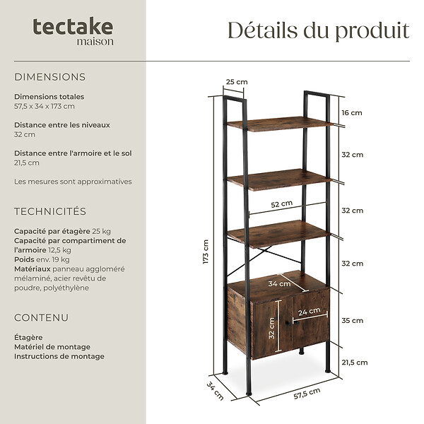 TECTAKE - Etagère échelle Brentwood 57,5x34x173cm Bois foncé industriel, rustique - large