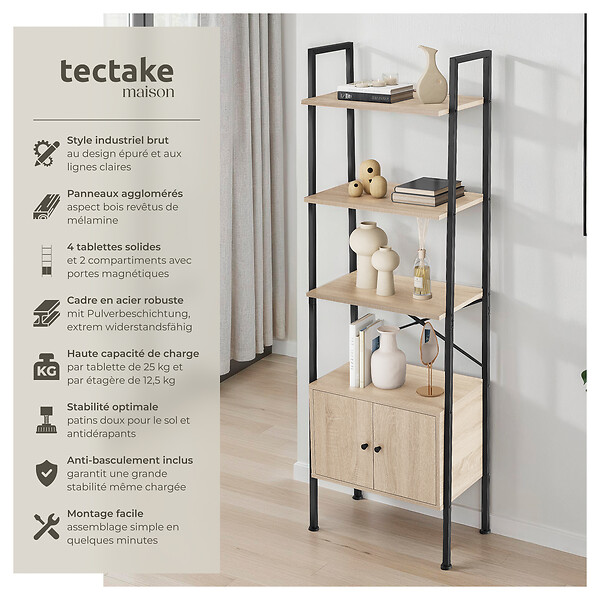 TECTAKE - Etagère échelle Brentwood 57,5x34x173cm Bois clair industriel, Chêne Sonoma - large