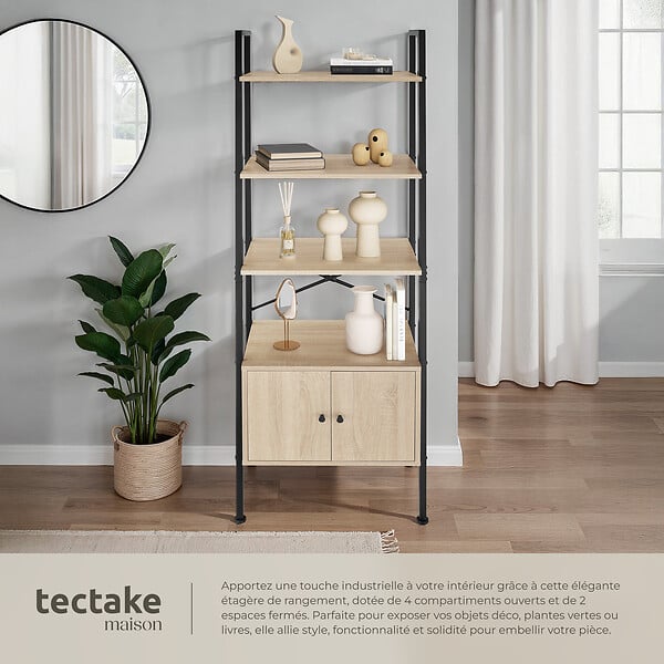 TECTAKE - Etagère échelle Brentwood 57,5x34x173cm Bois clair industriel, Chêne Sonoma - large