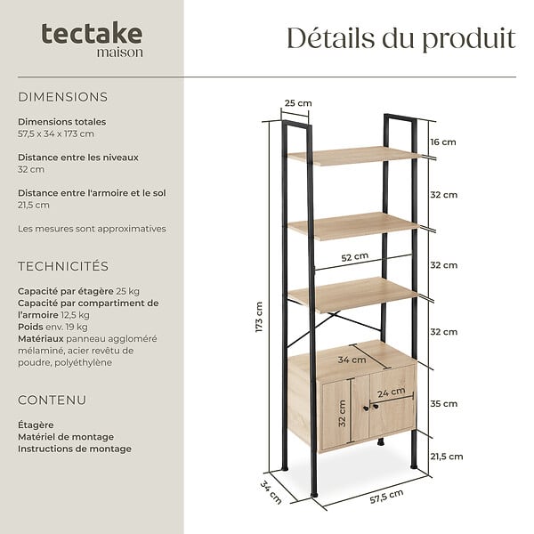 TECTAKE - Etagère échelle Brentwood 57,5x34x173cm Bois clair industriel, Chêne Sonoma - large