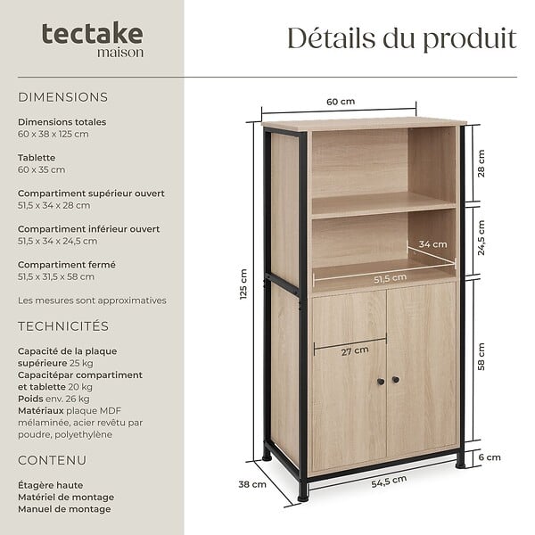 TECTAKE - Buffet Doncaster 60x38x125cm Bois clair industriel, Chêne Sonoma - large