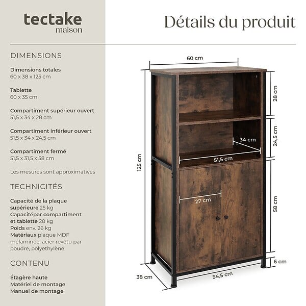 TECTAKE - Buffet Doncaster 60x38x125cm Bois foncé industriel, rustique - large