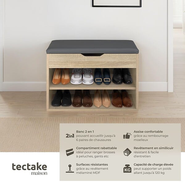 TECTAKE - Banc à chaussures JASMINA avec coussin d'assise 60x30x43,5cm Bois clair, Chêne Sonoma - large