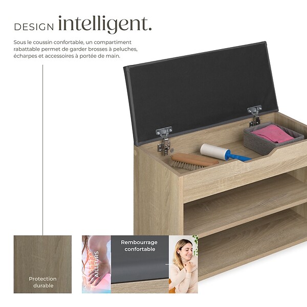TECTAKE - Banc à chaussures JASMINA avec coussin d'assise 60x30x43,5cm Bois clair, Chêne Sonoma - large