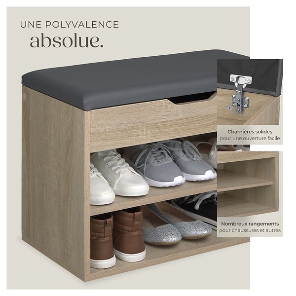 TECTAKE - Banc à chaussures JASMINA avec coussin d'assise 60x30x43,5cm Bois clair, Chêne Sonoma - large