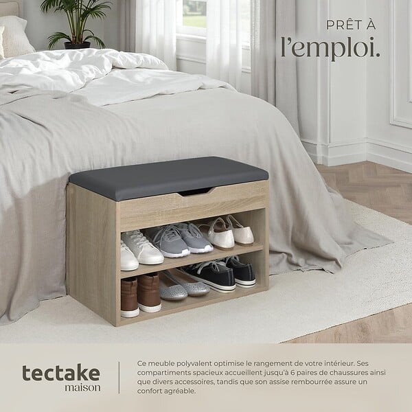 TECTAKE - Banc à chaussures JASMINA avec coussin d'assise 60x30x43,5cm Bois clair, Chêne Sonoma - large