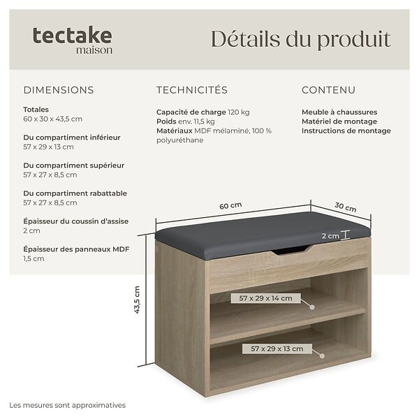 TECTAKE - Banc à chaussures JASMINA avec coussin d'assise 60x30x43,5cm Bois clair, Chêne Sonoma - large