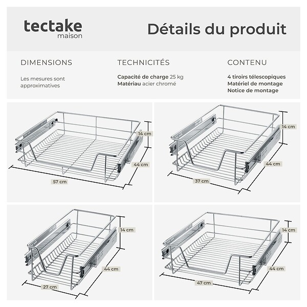 TECTAKE - Tiroir de rangement téléscopique gris - large