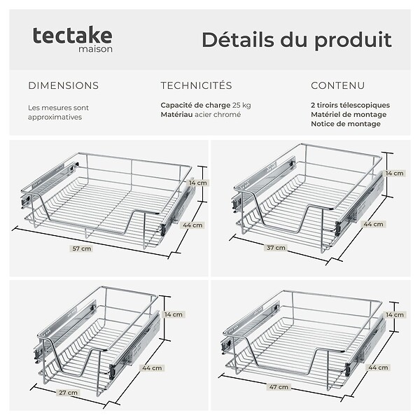 TECTAKE - Tiroir de rangement téléscopique gris - large