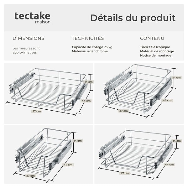 TECTAKE - Tiroir de rangement téléscopique gris - large