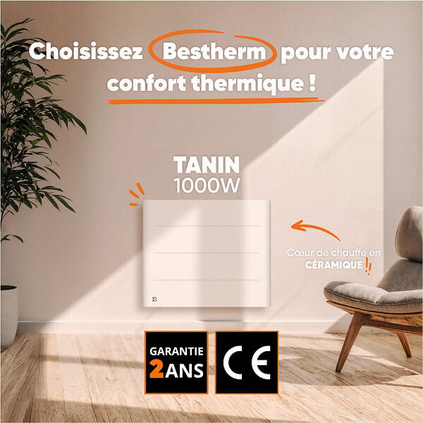 BESTHERM - Radiateur électrique fixe à inertie sèche céramique 1000W TANIN horizontal blanc - large
