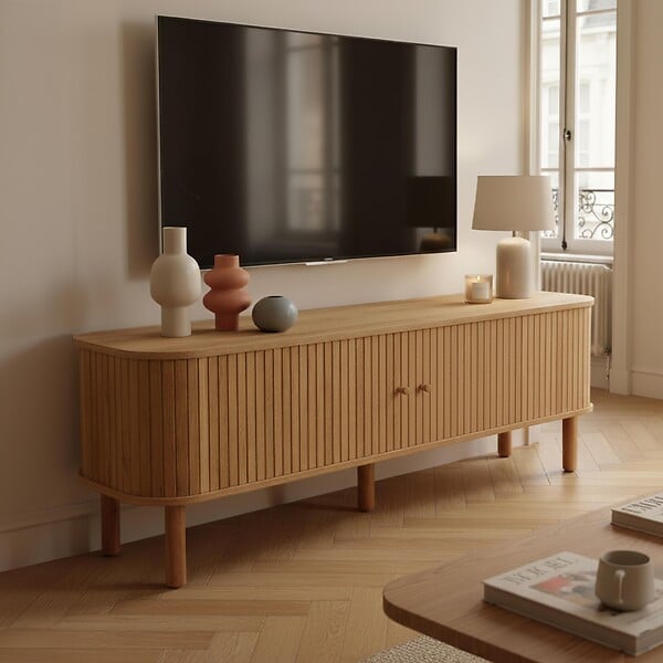 OVIALA - Meuble TV scandinave rectangulaire 2 portes L150 cm effet bois clair - Taylor - large