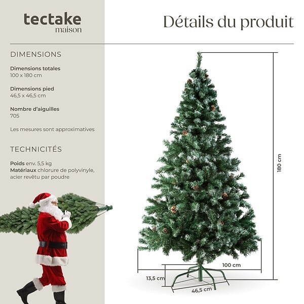 TECTAKE - Sapin de Noël artificiel avec pommes de pin et support métallique 180 cm vert - large