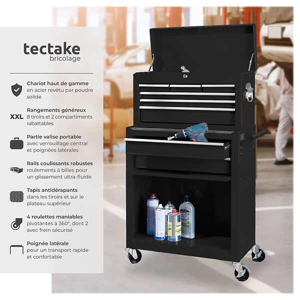 TECTAKE - Servante d atelier noire en métal avec caisse à outils amovible 10 compartiments pratique et robuste - large