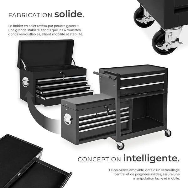 TECTAKE - Servante d atelier noire en métal avec caisse à outils amovible 10 compartiments pratique et robuste - large