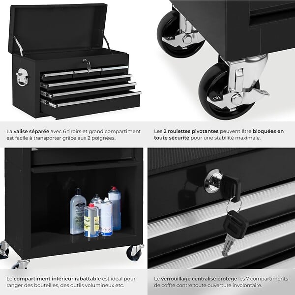 TECTAKE - Servante d atelier noire en métal avec caisse à outils amovible 10 compartiments pratique et robuste - large