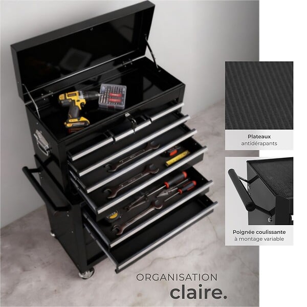 TECTAKE - Servante d atelier noire en métal avec caisse à outils amovible 10 compartiments pratique et robuste - large
