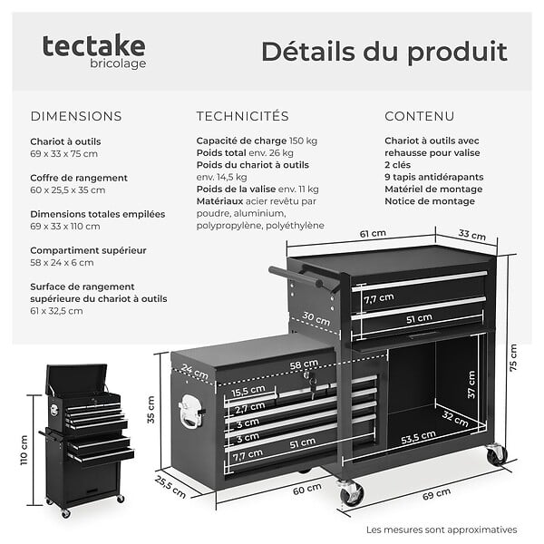 TECTAKE - Servante d atelier noire en métal avec caisse à outils amovible 10 compartiments pratique et robuste - large