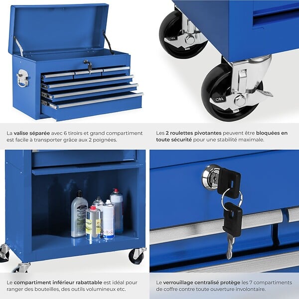 TECTAKE - Servante d'atelier 10 compartiments bleu - large