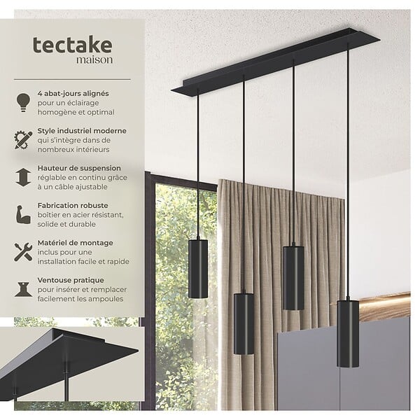 TECTAKE - Plafonnier Lumea, 4 lampes, câbles réglables en longueur noir - large