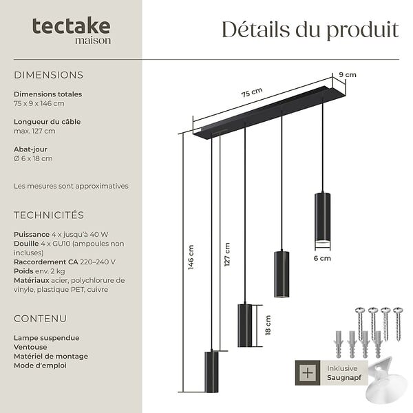 TECTAKE - Plafonnier Lumea, 4 lampes, câbles réglables en longueur noir - large
