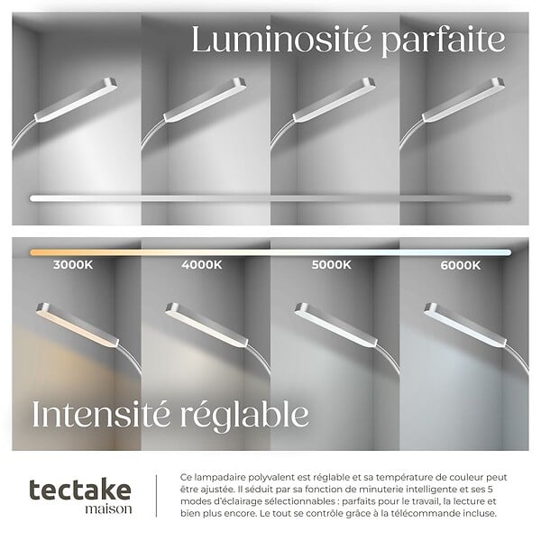 TECTAKE - Lampe de sol Prisma LED, 5 modes d'éclairage, 12 W, dimmable argent - large