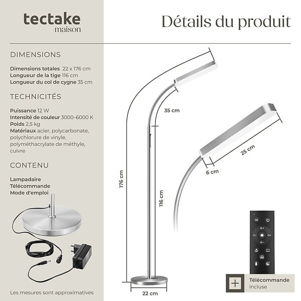 TECTAKE - Lampe de sol Prisma LED, 5 modes d'éclairage, 12 W, dimmable argent - large