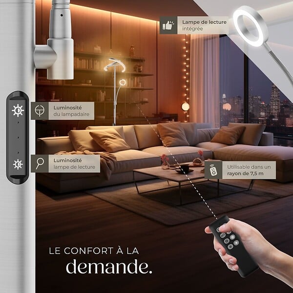 TECTAKE - Lampadaire Auralis LED 20W avec lampe de lecture dimmable Nickel mat - large