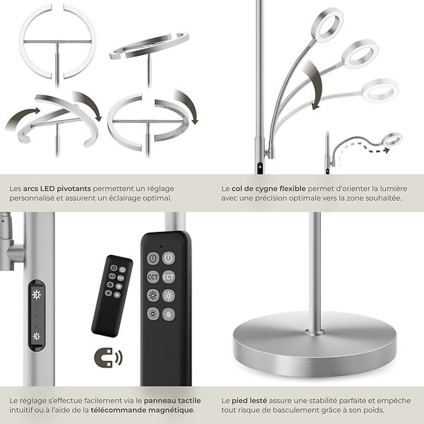 TECTAKE - Lampadaire Auralis LED 20W avec lampe de lecture dimmable Nickel mat - large