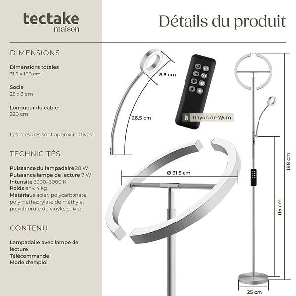 TECTAKE - Lampadaire Auralis LED 20W avec lampe de lecture dimmable Nickel mat - large