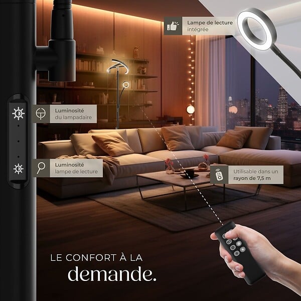 TECTAKE - Lampadaire Auralis LED 20W avec lampe de lecture dimmable noir - large