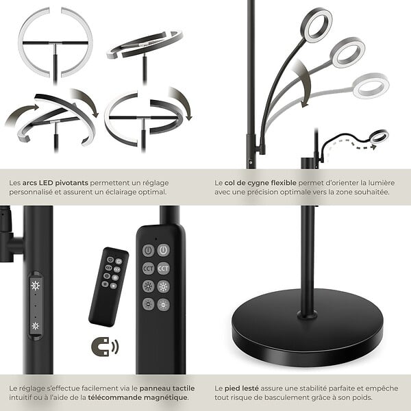 TECTAKE - Lampadaire Auralis LED 20W avec lampe de lecture dimmable noir - large