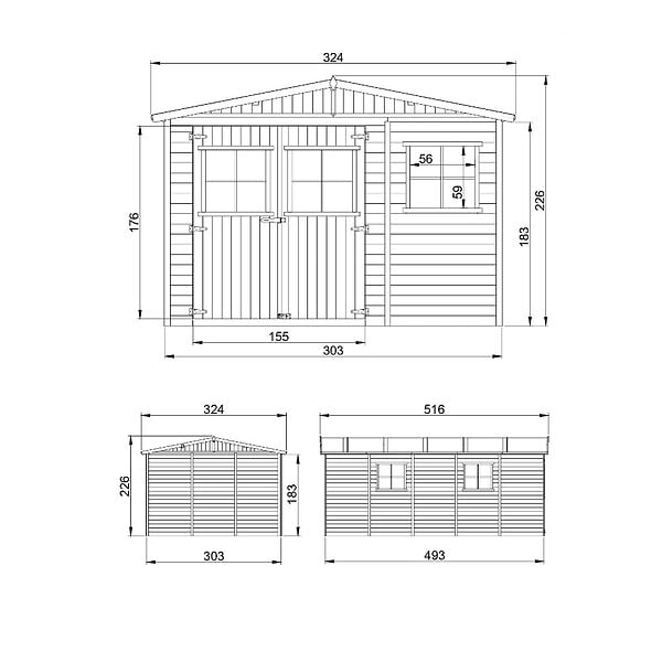TIMBELA - Abri de jardin en bois AVEC LES PLANCHERS IMPRÉGNÉ - H226xl324xL516 cm / 15 m² - M337+M337G - large