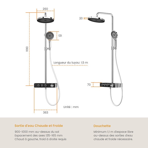 EMKE - EMKE Colonne de douche Thermostat Chrome, Régulation innovante du débit, douche à effet pluie de 26 cm, douchette à main avec 3 jets Système de douche - large